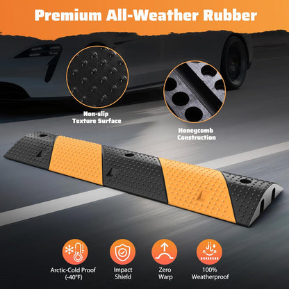 Rengue Rubber Speed Bumps 2-Pack 39.3'' Black Yellow Dual-Channel Driveway Protector for Wires Pipes, 66000 LB Heavy Duty Traffic Calmer for Road Gravel Installation