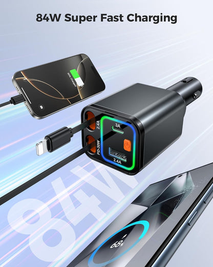 Retractable Car Charger 84W, 4-in-1 Fast Car Charger with Retractables 2.6ft, Cigarette Lighter Charging Block USB+USB C Cube for iPhone 16 Pro MAX 15 14 13 12 Plus,Samsung Galaxy,Pixel
