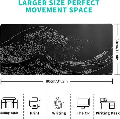 Japanese Gaming Mouse Pad Abstract Black Mouse Pad 31.5x11.8 Inch Black Sea Wave Texture Non-Slip Rubber Base Large Ocean Mousepad Stitched Edges Keyboard Mouse Mat Desk Pad for Office and Home