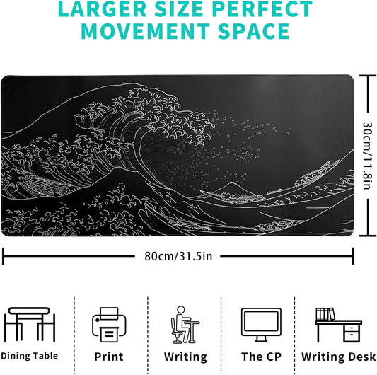 Japanese Gaming Mouse Pad Abstract Black Mouse Pad 31.5x11.8 Inch Black Sea Wave Texture Non-Slip Rubber Base Large Ocean Mousepad Stitched Edges Keyboard Mouse Mat Desk Pad for Office and Home