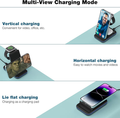 Wireless Charger for iPhone, Foldable 3 in 1 Fast Charging Station/Stand/Multi Charger for iPhone15 14 13 12 11/Xs/XR/X/8, Travel Pad for Apple Watch S8/Ultra/7/6/5/4/3/2/SE, Airpods 2/3/Pro/Pro 2