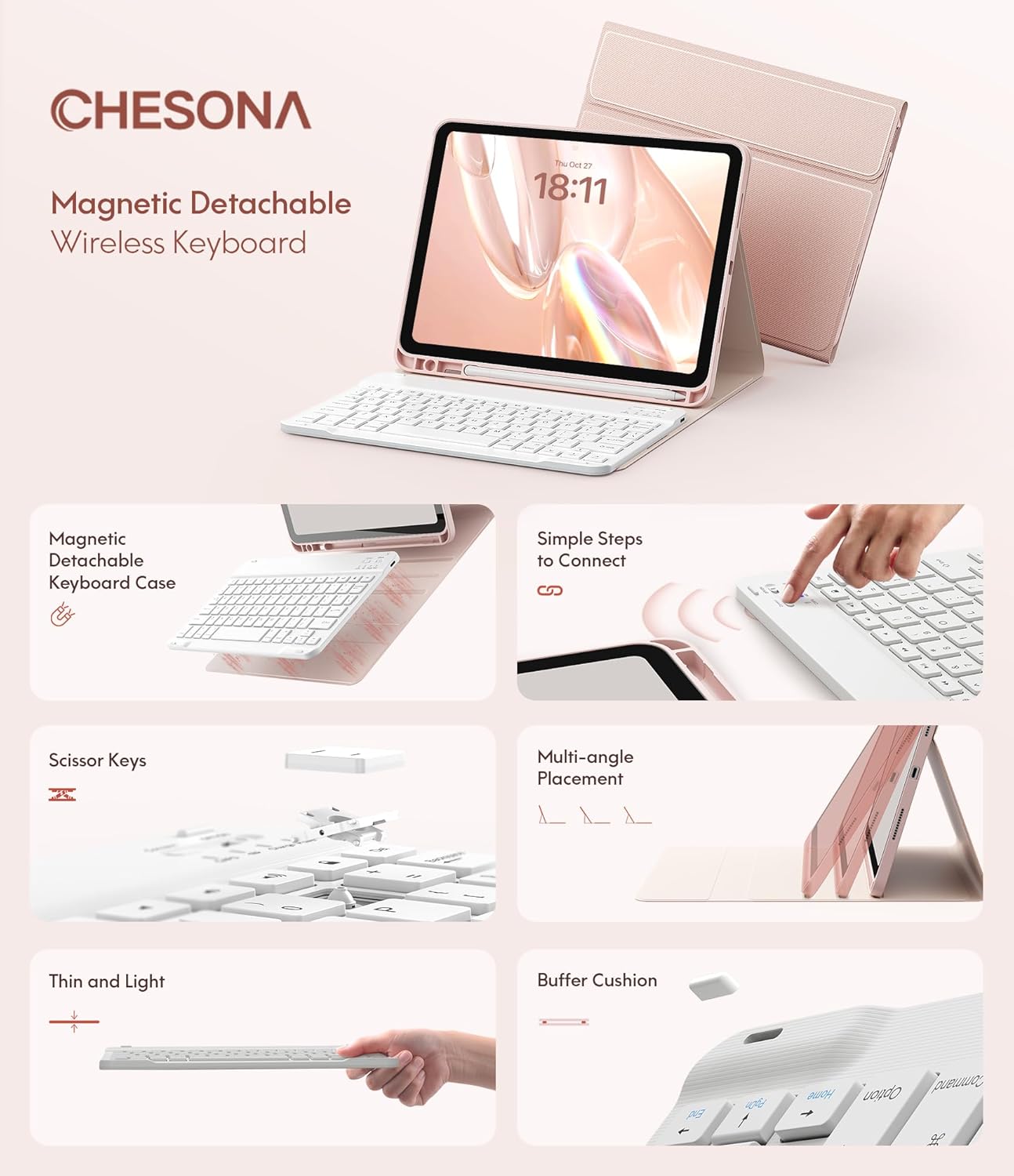 CHESONA Keyboard Case for iPad (A16) 11th/10th Generation (2025/2022), Detachable Wireless Keyboard, Stand Folio Keyboard Cover with Pencil Holder, Thin & Light (Pink)