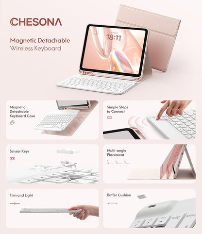 CHESONA Keyboard Case for iPad (A16) 11th/10th Generation (2025/2022), Detachable Wireless Keyboard, Stand Folio Keyboard Cover with Pencil Holder, Thin & Light (Pink)