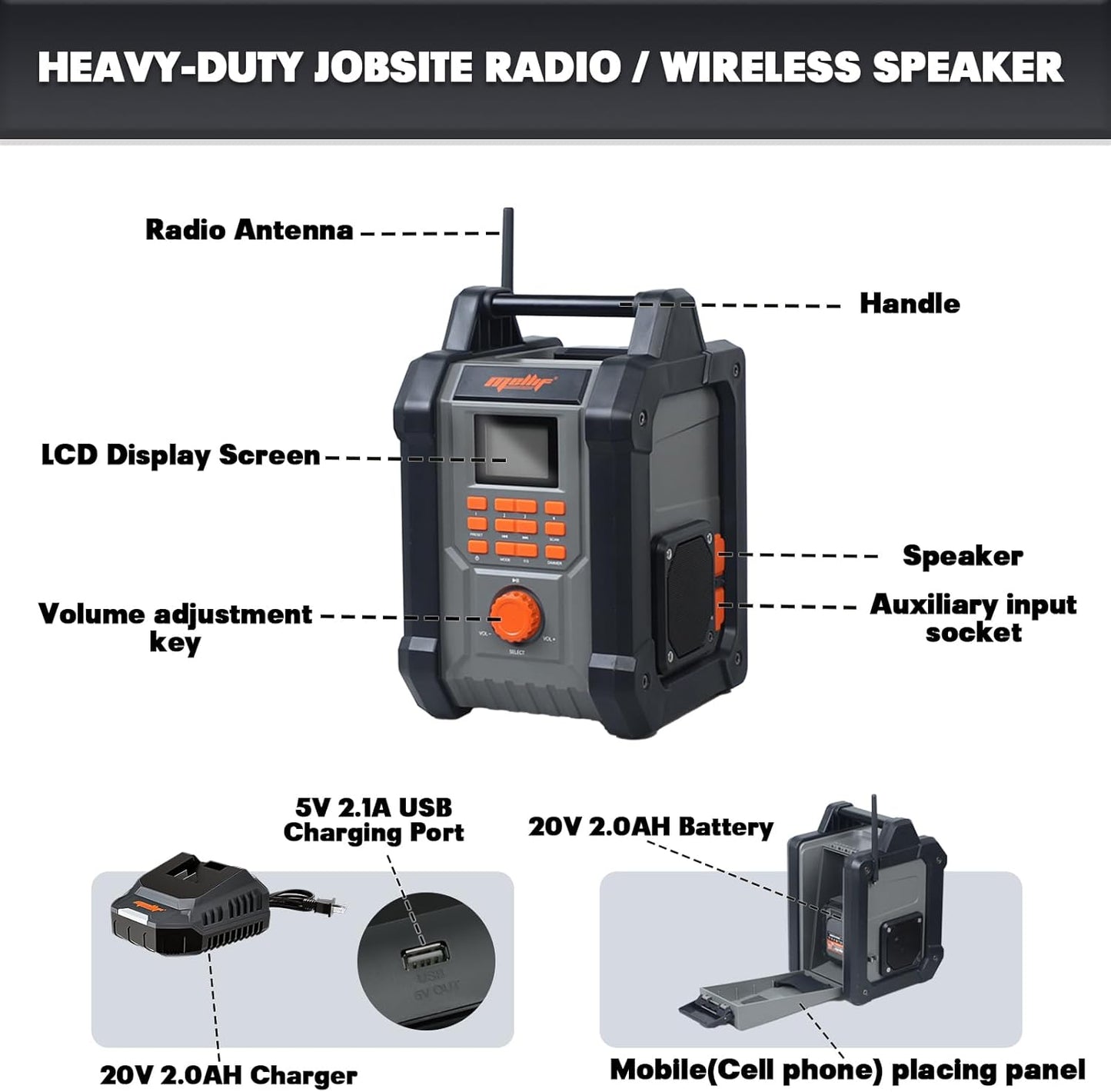 Mellif Jobsite Radio Speaker Compatible with Dewalt 20v Max Battery, Enhanced Signal Reception, 100ft Wireless Range, Stereo, IPX54 Waterproof, TWS, AM/FM Presets, 2.0 Battery & 18V AC Power Cord