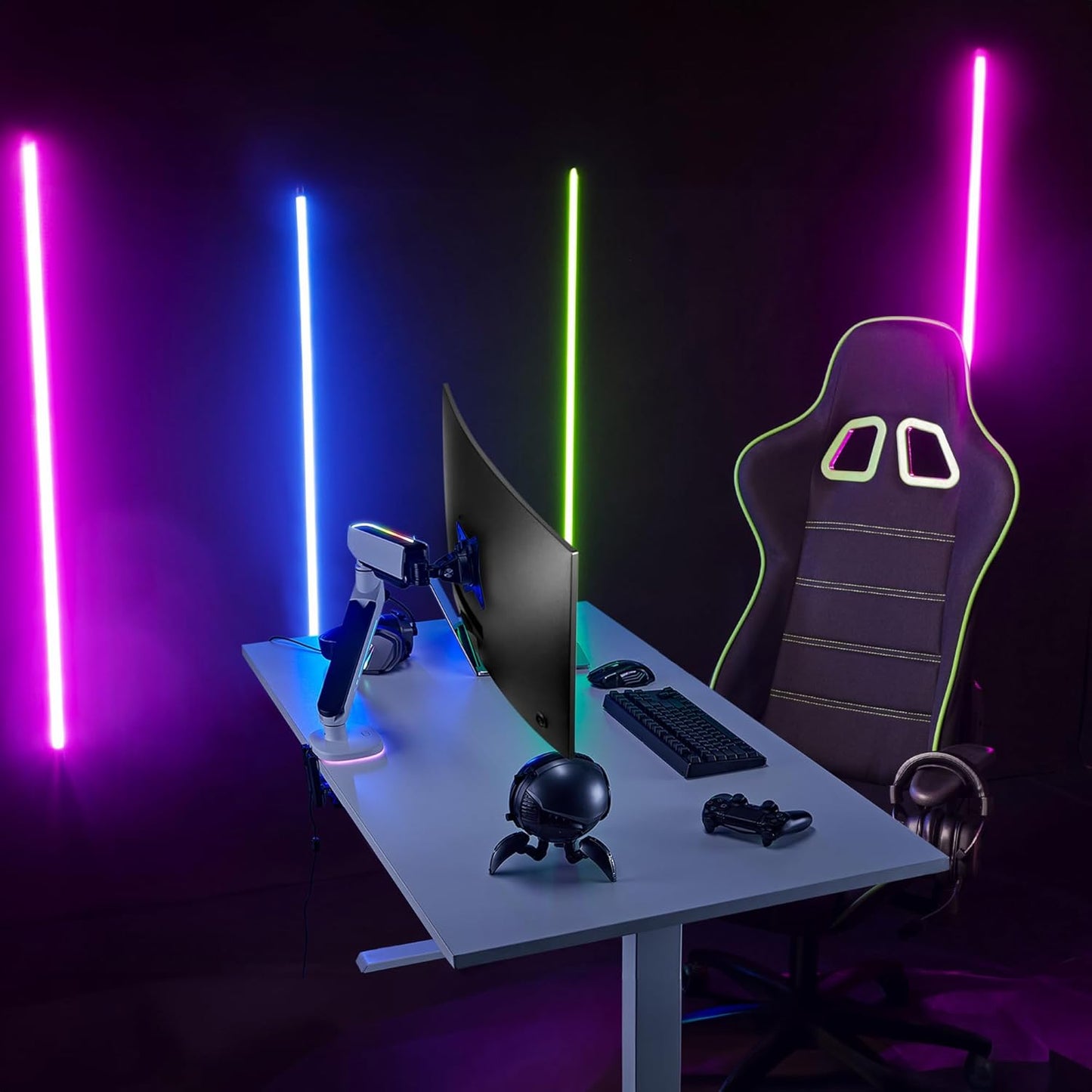 AVLT Single 27”-45” RGB Gaming Monitor Arm Desk Mount Built-in 20 Lighting Modes Touch Button Control Fits Flat/Curved/Ultrawide Screens Height Swivel Tilt Rotation Adjustable Stand -White