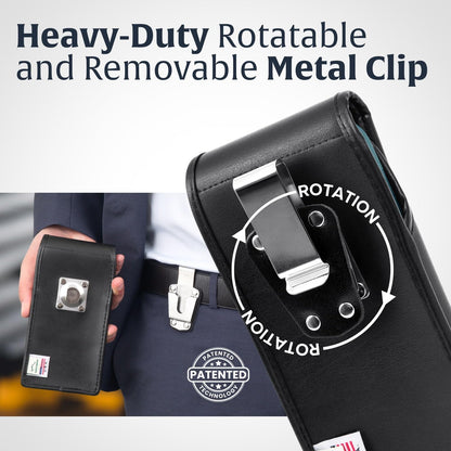 Turtleback Belt Clip for iPhone 16 Pro, 16e, 15 pro 14 Pro 13 Pro -Medium- Fits w/Shockproof Commuter Style Cases, Premium Black Leather, Vertical Belt Holder, Magnetic Closure HD Rotating Clip