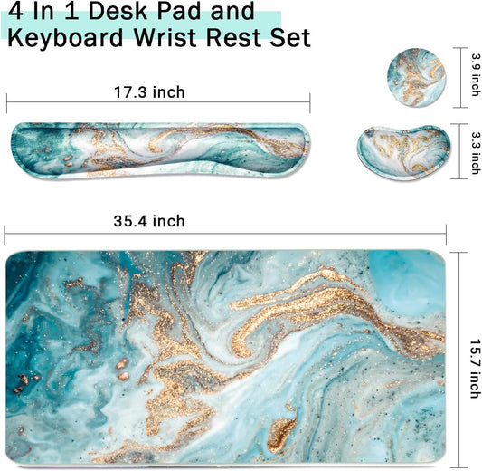 Keyboard Mouse Pad Set, Extended Mouse Pad+Keyboard Wrist Rest Support, Memory Foam Ergonomic Easy Typing, 3Pcs (35.4×15.7 in) Desk Pad Set for Home Office Study Game-Green Marble