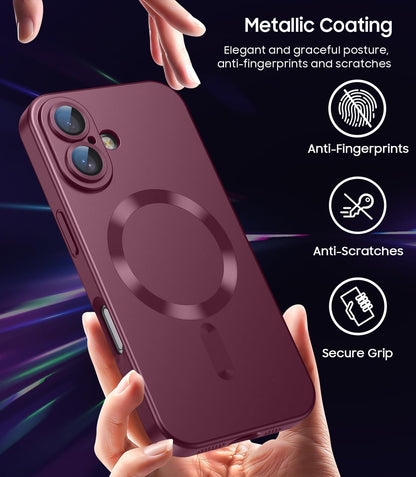 Magnetic for iPhone 16 Case [Compatible with MagSafe][Built-in Camera Lens Protector] Slim Soft Silicone Bumper Shockproof Metallic Luster Phone Case (Burgundy)