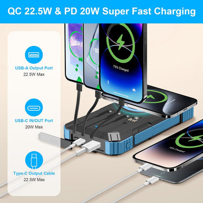 Solar Charger Power Bank 49800mAh Wireless Portable Phone Charger, 22.5W QC3.0 Fast Charging Built in 4 Cables with USB C 6 Outputs & 2 Inputs for Cell Phone