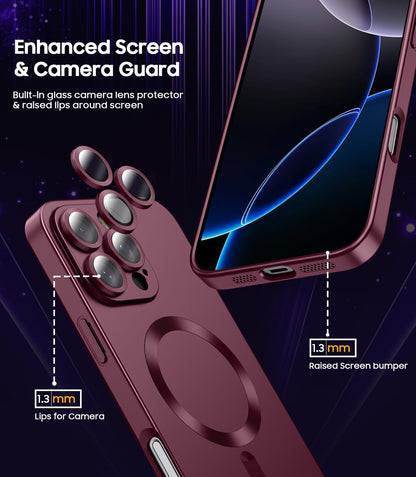 Magnetic for iPhone 16 Pro Max Case [Compatible with MagSafe][Built-in Camera Lens Protector] Slim Soft Silicone Bumper Shockproof Metallic Luster Phone Case (Burgundy)