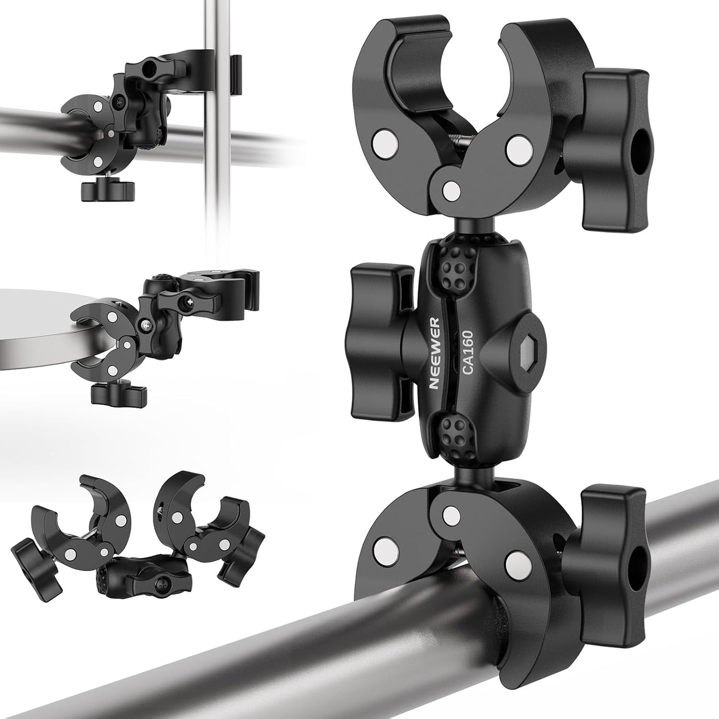 NEEWER Double Super Clamp Mount with Magic Arm, 360° Umbrella Flag Pole Clamp Holder for Desk Photo Studio Light Stand Photography Reflector Scrim Cross Bar Motorcycle Handlebar Stroller Chair, CA160