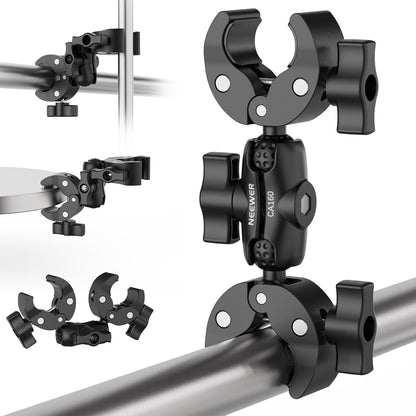 NEEWER Double Super Clamp Mount with Magic Arm, 360° Umbrella Flag Pole Clamp Holder for Desk Photo Studio Light Stand Photography Reflector Scrim Cross Bar Motorcycle Handlebar Stroller Chair, CA160