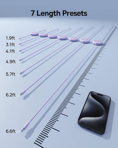 Baseus USB C to USB C Cable, 100W 6.6ft Retractable USB C Fast Charging Cable, 7-Stage Length Preset Retractable Charger Cord for iPhone 16 15 Pro Plus Pro Max, MacBook, iPad Pro, Samsung S24/S23+