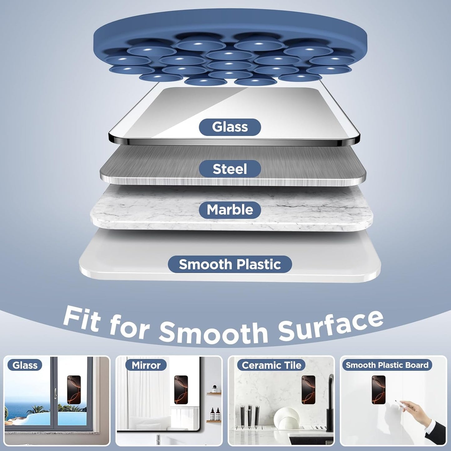 Magnetic Suction Cup Phone Mount for MagSafe Case, Silicone Hands-Free Grip Holder for iPhone and Android, Mirror Shower Phone Stand for Makeup FaceTime Gym Kitchen Bathroom, Azure Blue