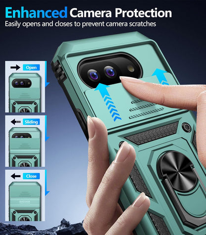 Taisairu for Google Pixel 9A Case with Screen Protector & Slide Camera Lens Cover,Built-in 360°Rotate Magnetic Ring Stand Shockproof Protective Phone Case for Google Pixel 9A Case (Green)