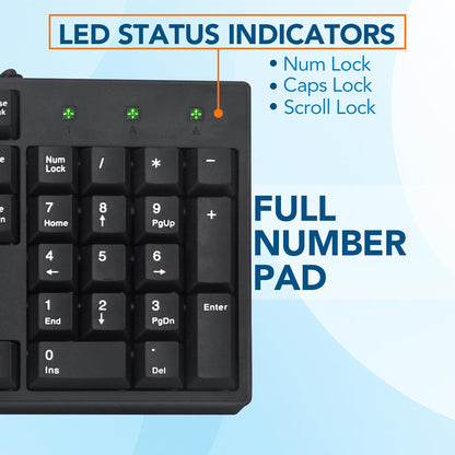 Manhattan Wired Computer Keyboard – Basic Black Keyboard - with 4.5ft USB-A Cable, 104-keys, Foldable Stands - Compatible for Windows, PC, Laptop - 3 Yr Mfg Warranty – 179324