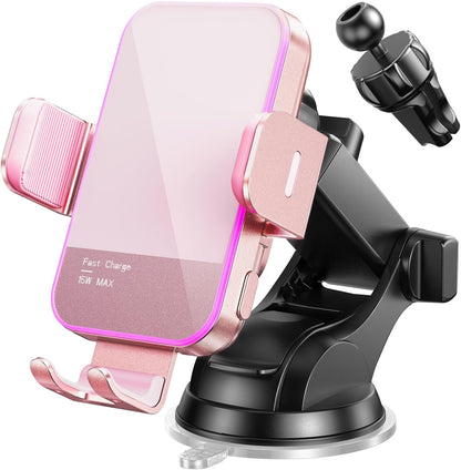 Wireless Car Charger,【7 Colored LED Backlit】 15W Auto Clamping Car Charger Phone Mount Holder fit for iPhone 14 13 12 Mini Pro Max 11 XR XS, Samsung Galaxy S23 Ultra S22 S21+ S10+ Note 20, etc - Pink