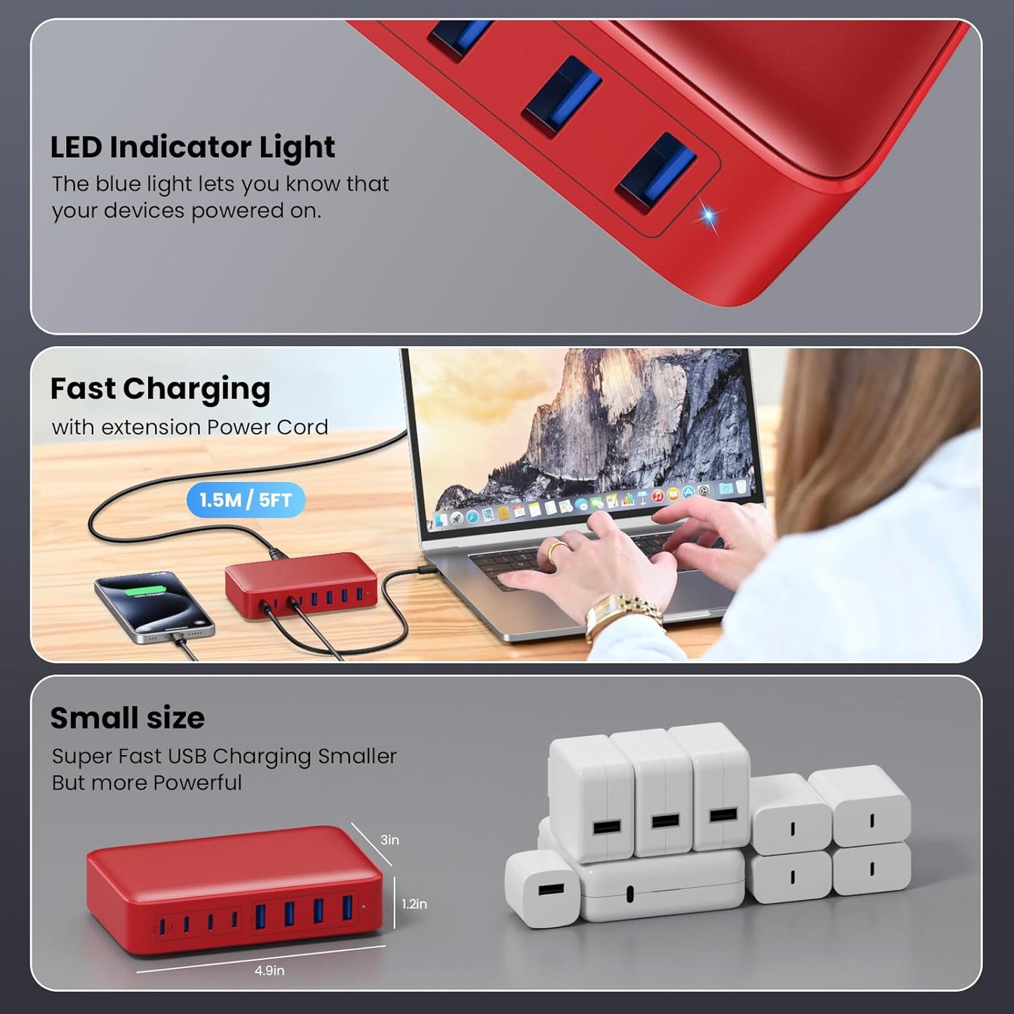 USB C Charger 200W USB C Charger Block,Upgraded GaN III 8-Port Fast Charging Station Hub,PD 65W Laptop Charging Adapter Compatible with MacBook Pro/Air,DELL,Steam Deck,iPhone 16/15/14,Galaxy S23/22