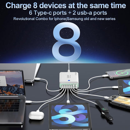 240W Fast Chargers for Multiple Devices 8 Ports, 6 Type C + 2 USB A Charger Block, Charging Station with Slim Flat Plug, 65W Power Hub for Laptops, PD GaN Charger Tower for iPhone, Samsung