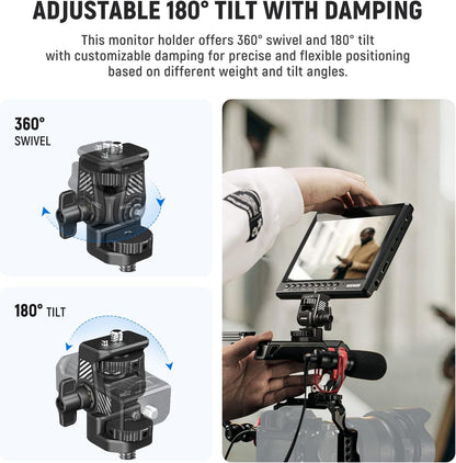 NEEWER Camera Field Monitor Mount Holder Bracket, 360° Swivel 180° Tilt Adjustable with 1/4" & 3/8" Screw Anti Twist Compatible with Atomos Ninja 5" & 7" Compatible with SmallRig Camera Cage, MA022