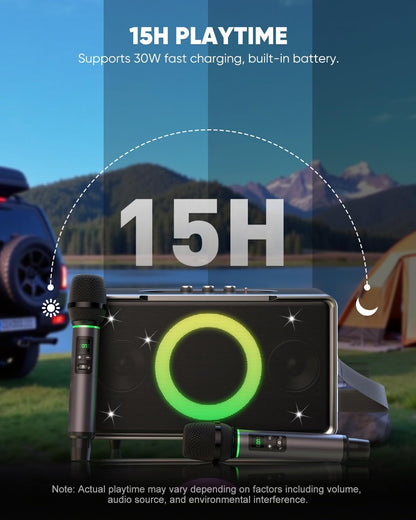 GFEEN Portable Bluetooth Speaker: 100W(160W Peak), 15H Playtime, Wireless Speakers with Microphone, 5″ Subwoofer, Loud Sound, Light Show, Fast Charging for Outdoor, Party, Backyard(Silver with 2Mic)