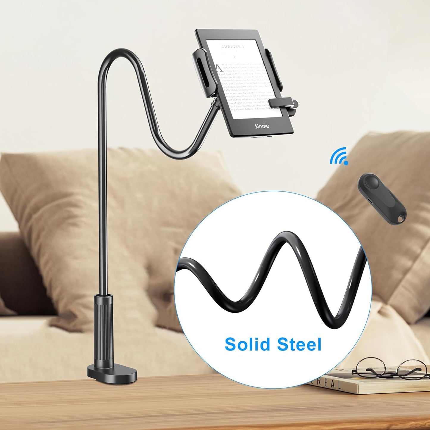 Gooseneck Tablet Holder for Kindle Reading in Bed with Page Turner Remote, Hands Free Desk Bedside Lazy Arm Stand for Kindle Accessories, Gifts for Readers