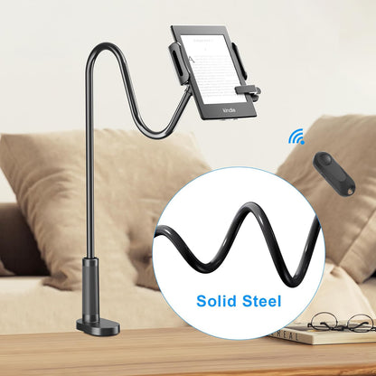 Gooseneck Tablet Holder for Kindle Reading in Bed with Page Turner Remote, Hands Free Desk Bedside Lazy Arm Stand for Kindle Accessories, Gifts for Readers