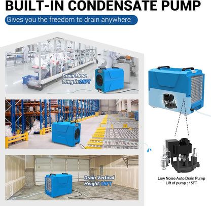 MOUNTO Commercial Dehumidifier, 150 Pint High-Capacity, Includes Pump Drain Hose for Water Damage Restoration, Ideal for Basements, Warehouses & Job Sites