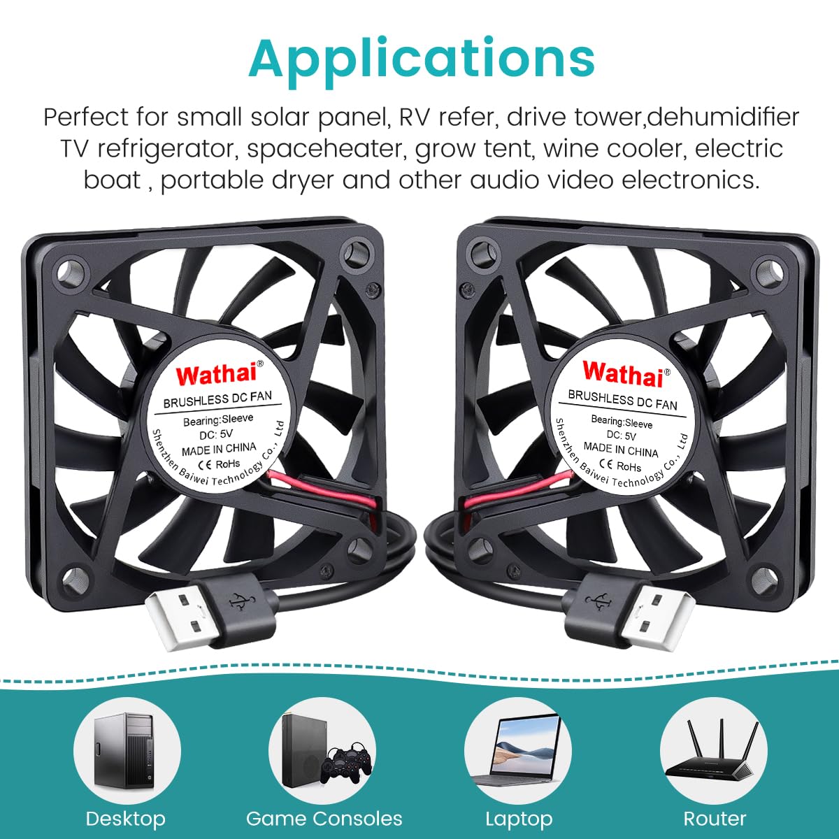 2 Packs Wathai 60mm x 10mm USB Computer Fan 5V with Speed Control DC Brushless Cooling Fans for Charger PC Case Router Raspberry Pi Radiator Cooler Ventilation