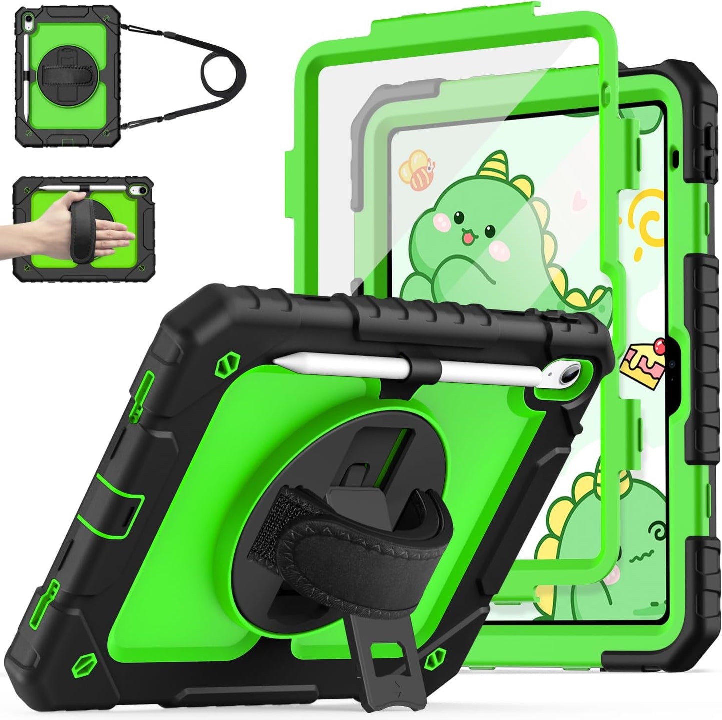 Cantis Case for iPad 11-inch (A16) 2025/ iPad 10th Generation 2022 (10.9 inch) with Screen Protector, iPad 11th Case with 360 Degree Rotating Stand/Shoulder Strap/Pencil Holder, Black+Green