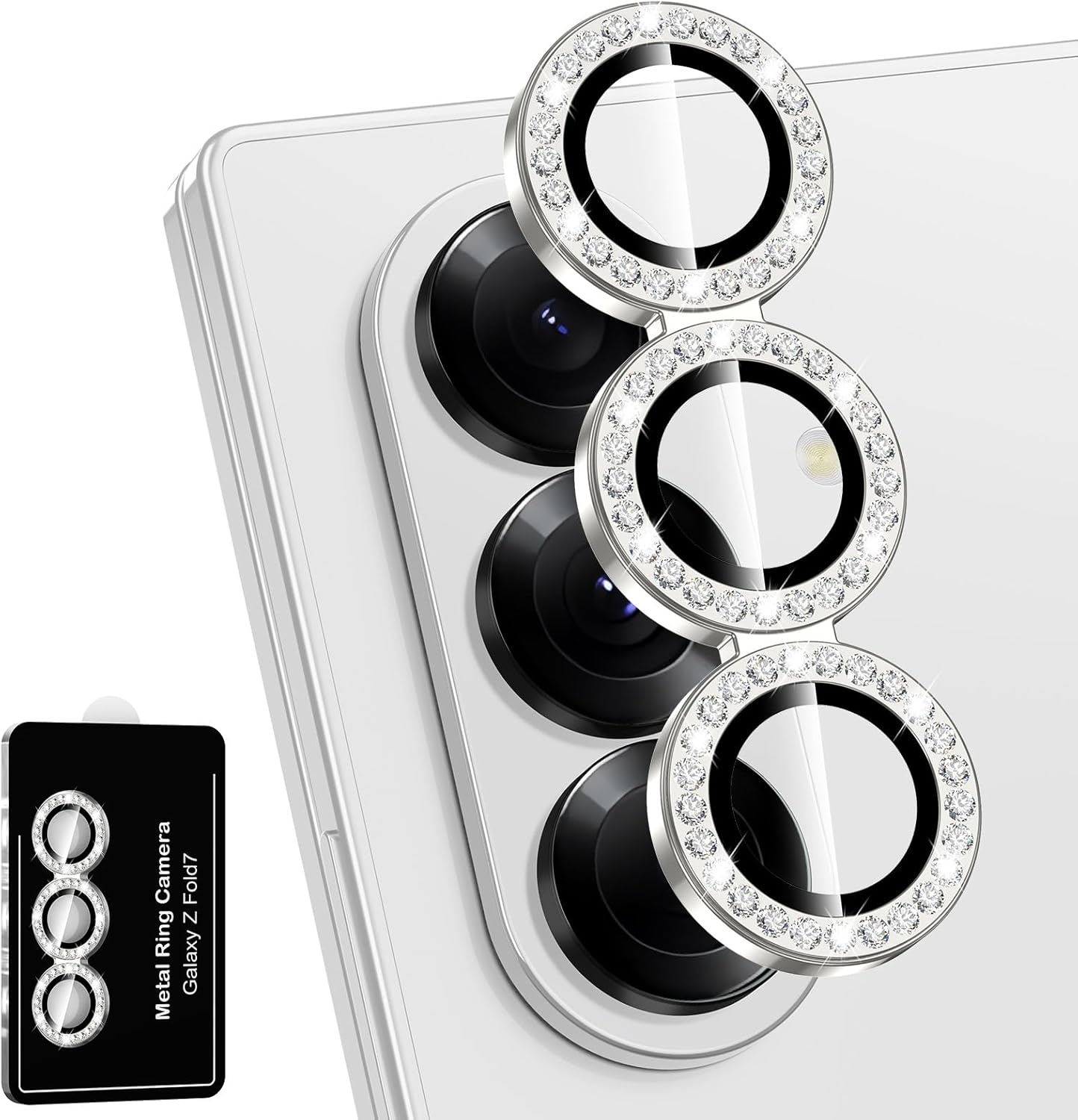 for Samsung Galaxy Z Fold 7 Camera Lens Protector, Individual Metal Ring Tempered Glass Lens Cover, [Strong Adsorption] Scratch Resistant Ultra-Thin HD Clear Lens Cover, 1 Set-Slivery Diamond