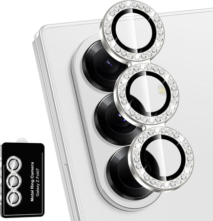 for Samsung Galaxy Z Fold 7 Camera Lens Protector, Individual Metal Ring Tempered Glass Lens Cover, [Strong Adsorption] Scratch Resistant Ultra-Thin HD Clear Lens Cover, 1 Set-Slivery Diamond