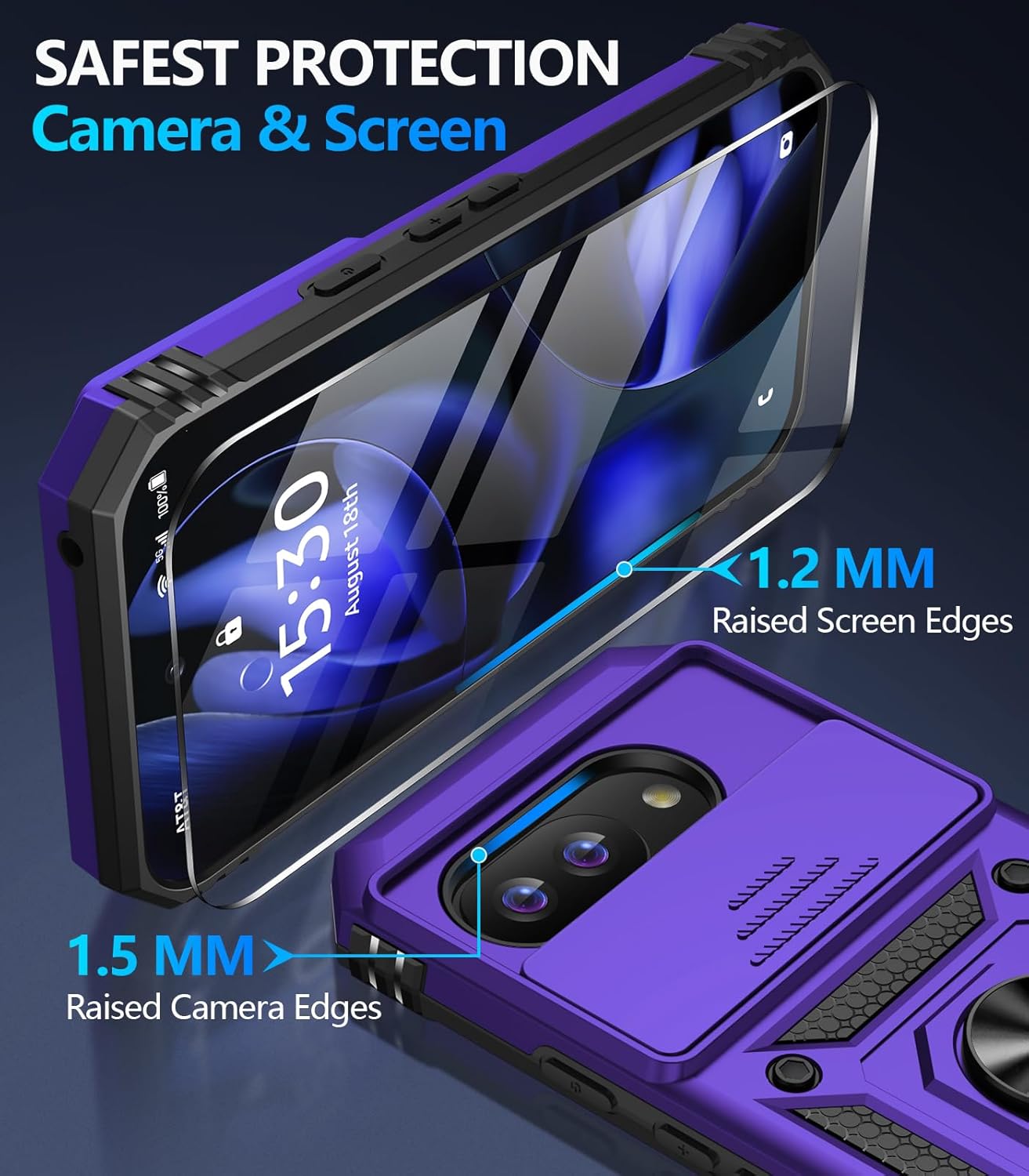 Taisairu for Google Pixel 9A Case with Screen Protector & Slide Camera Lens Cover, Built-in 360°Rotate Magnetic Ring Stand Shockproof Protective Phone Case for Google Pixel 9A Case (Purple)