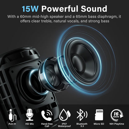 OHAYO Portable Bluetooth Speaker,IPX7 Waterproof Speakers, 15W Loud Stereo Sound, Wireless V5.3, AUX&TF-Card in, TWS, Built-in Mic, Black