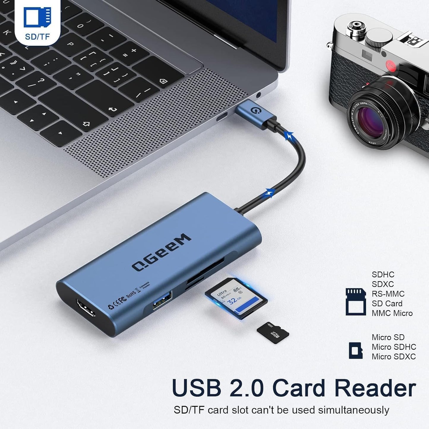 USB C Hub, QGeeM USB 4k to HDMI Adapter, 7 in 1 USB-C Dongle with 100W PD,USB 3.0, Card Reader, Compatible for MacBook iPhone 15/16 Ipad Pro max,Chromebook Laptop USB Type C Dock-Blue