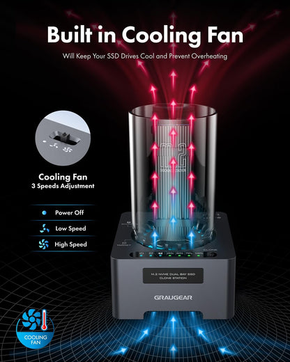 GRAUGEAR NVMe M.2 SSD Duplicator Dual-Bay Offline Clone Tool-Free, 20Gbps USB C to M.2 SSD Drive Cloner Docking Station Adapter Enclosure for M2 SSD Hard Drives M-Key