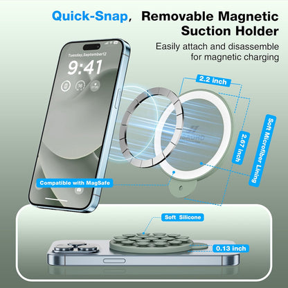 Magnetic Suction Cup Phone Mount for MagSafe Case, Silicone Hands-Free Phone Grip Holder for iPhone and Android, Mirror Shower Phone Stand for Makeup FaceTime Gym Kitchen Bathroom, Calke Green