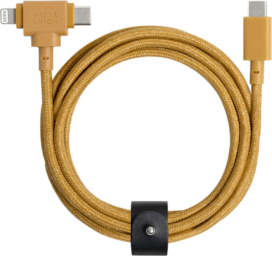 Native Union Belt Cable Duo – 5ft Ultra-Strong Braided Universal Charging Cable – Made with Recycled Materials – 2-in-1 Multi-Device MFi Certified Connectors for Lightning & Type-C Devices (Kraft)