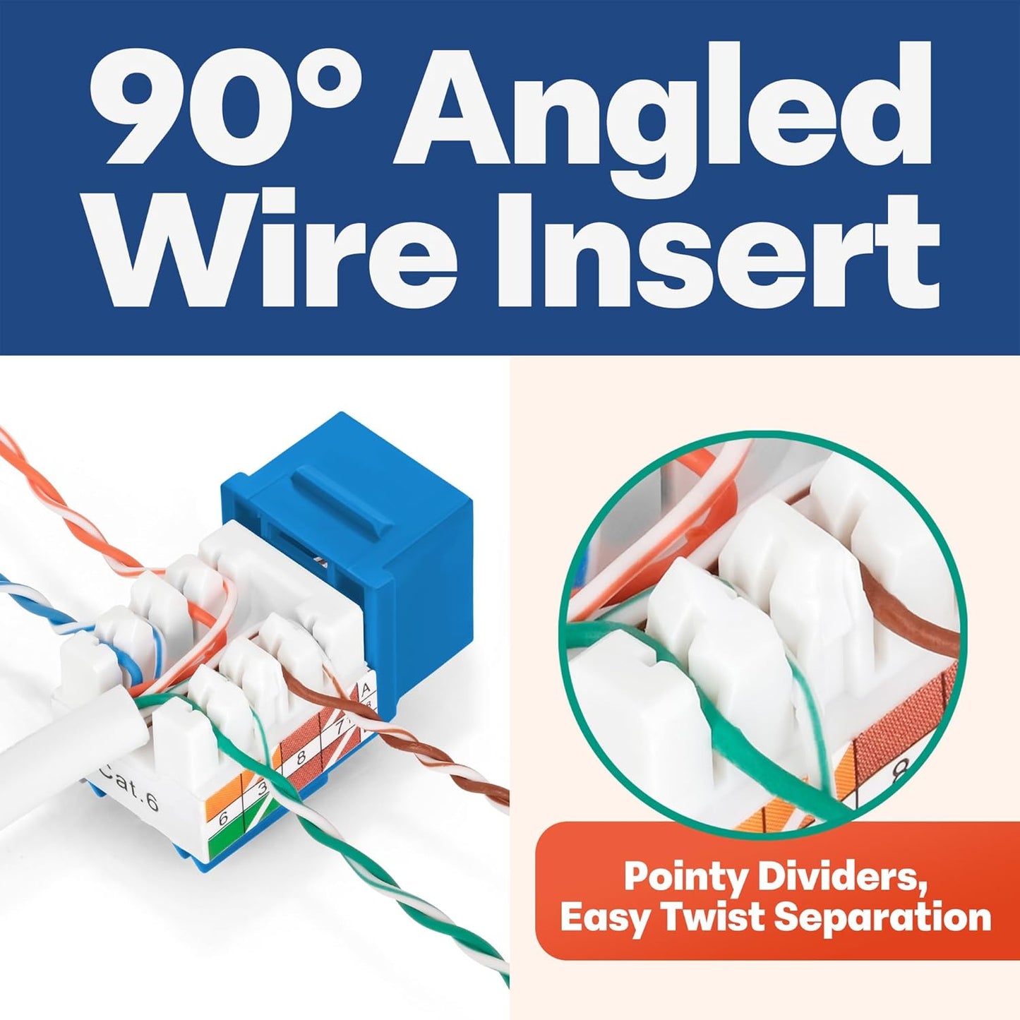 Everest 90° Angled RJ45 Cat6 Keystone Jacks 10-Pack in Blue - Slim Profile Female RJ45 Connectors - Cat 6 Keystone Jack - Compatible with 90° Angled Speed Termination Tool - easyJACK (B094WB91H3)