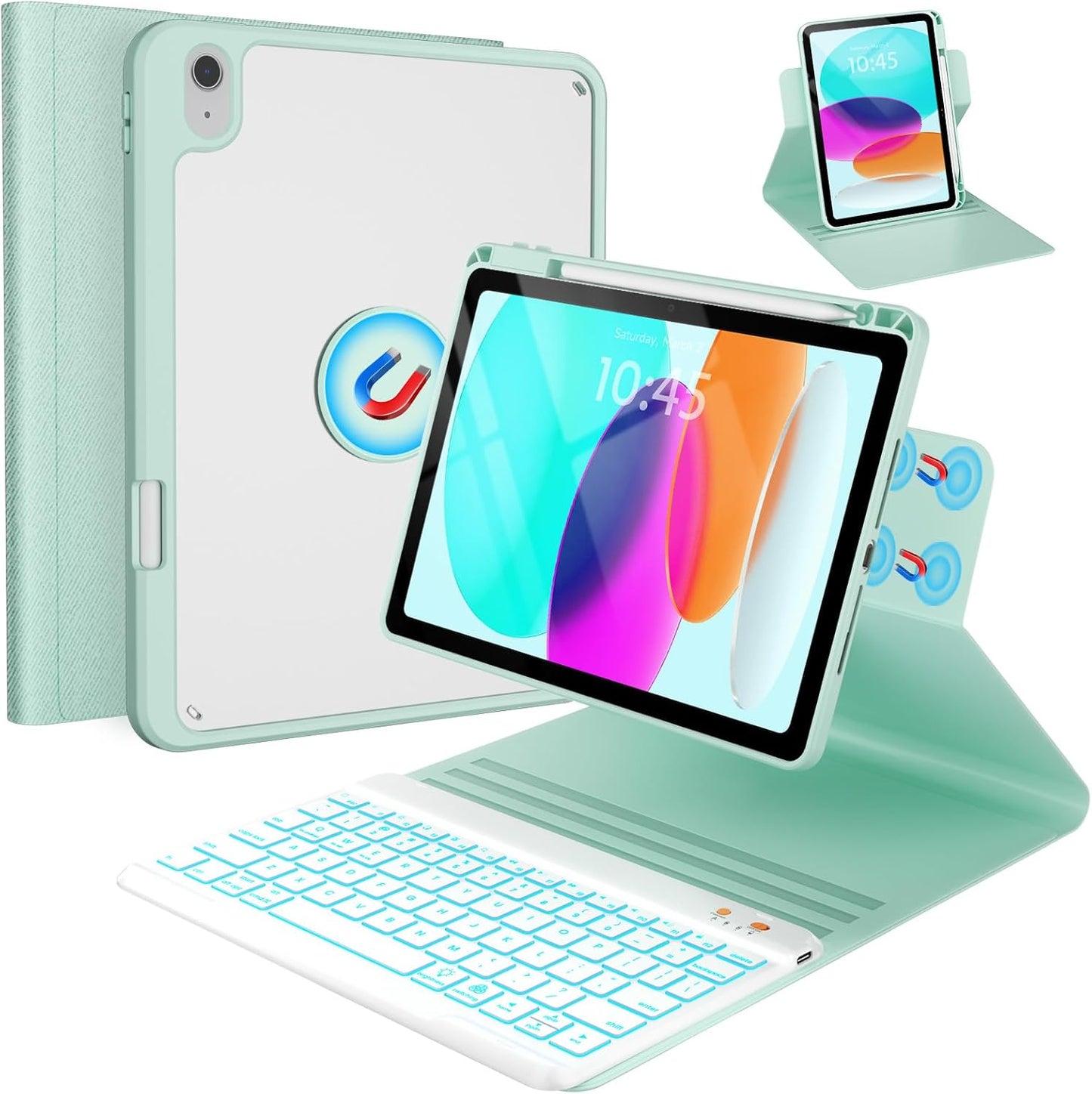BLUTLOTUS for iPad 11th (A16) 10th Generation Case with Keyboard (2025/2022) - 360° Rotatable Magnetic Folio Cover, 7 Color Backlit Detachable Keyboard with Pencil Holder(Green)