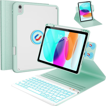 BLUTLOTUS for iPad 11th (A16) 10th Generation Case with Keyboard (2025/2022) - 360° Rotatable Magnetic Folio Cover, 7 Color Backlit Detachable Keyboard with Pencil Holder(Green)