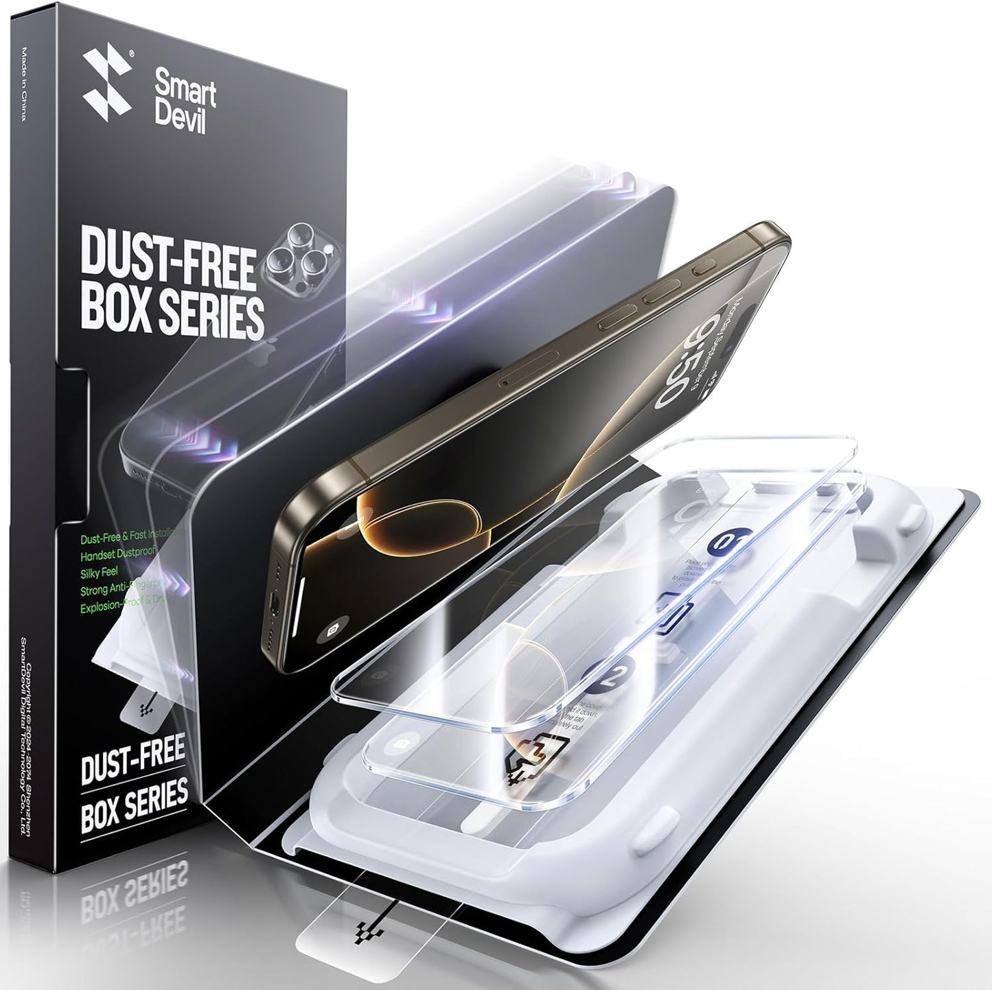 SMARTDEVIL 3 Pack Screen Protector for iPhone 16 Pro, Bubble-and-Dust-Free Box, HD Tempered Glass, Military Grade Shatterproof & Ultra Durable, Easy Installation