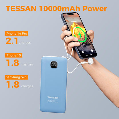 TESSAN Portable Charger with Built in Cables, 10000mAh Power Bank Fast Charging with Foldable AC Plug, 20W Compact Battery Pack Travel Essentials for iPhone 16/15 Series, Samsung, Tablets, Blue