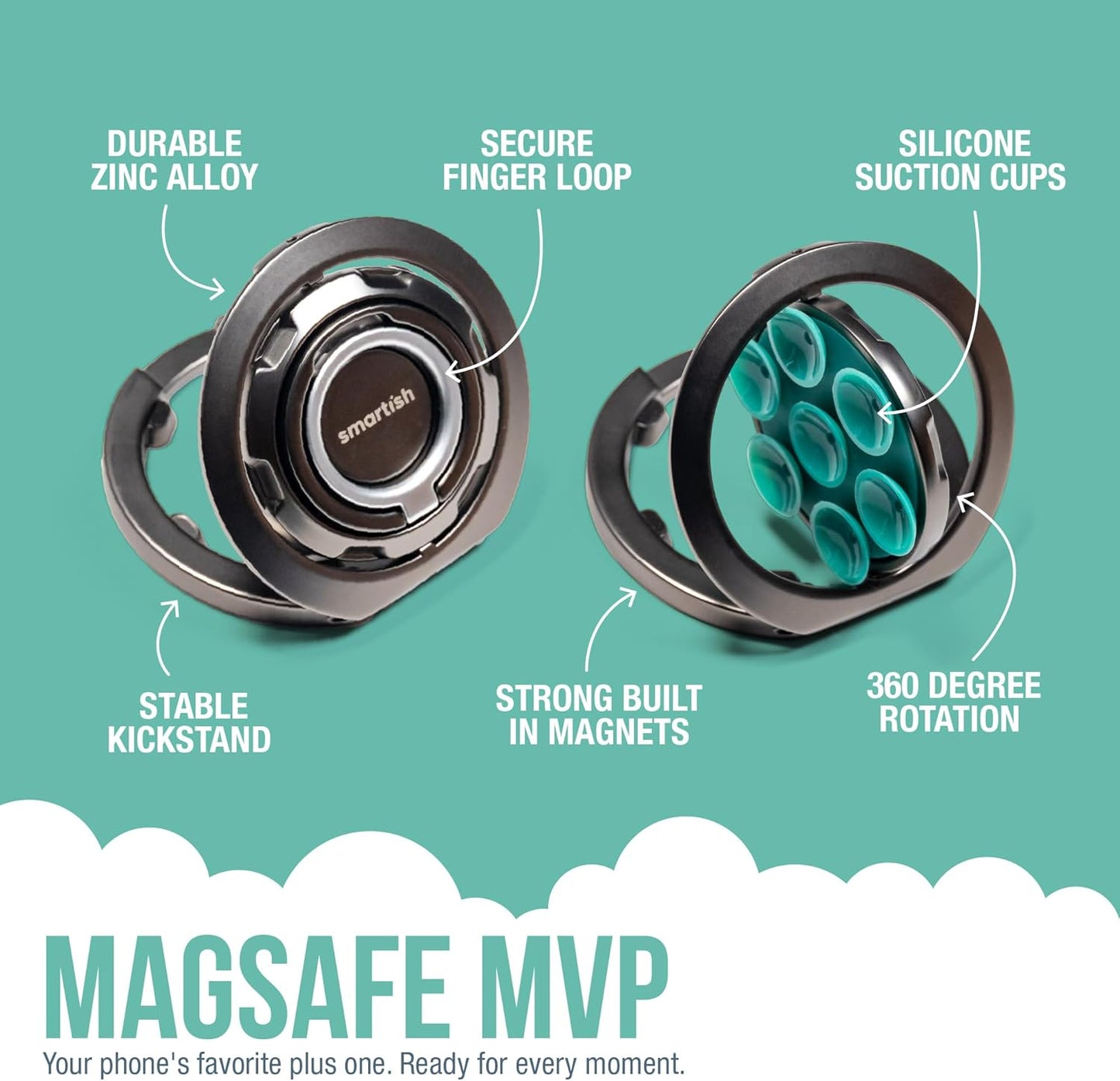 Smartish® MagSafe Suction Mount - WallFlower - 3 in 1 Reversible Magnetic Phone Grip Finger Loop, Suction Mount, Kickstand w/Universal MagSafe Adapter Kit for Apple iPhone - So Jaded