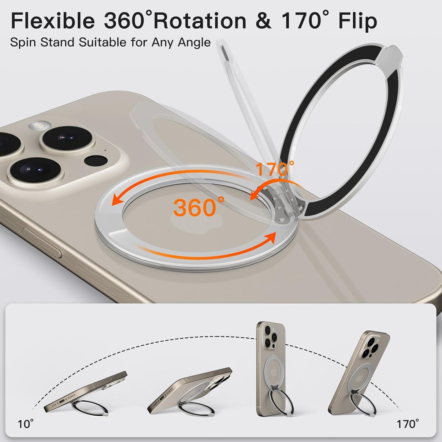 COOLQO 1Pc 360 Spin Cell Grip Ring Phone Stand [Upgrade Gear Hinge Stress Anxiety Relief] Magnetic Holders for Your car Accessories Desk Mount Compatible with iPhone All Smartphones, Silver