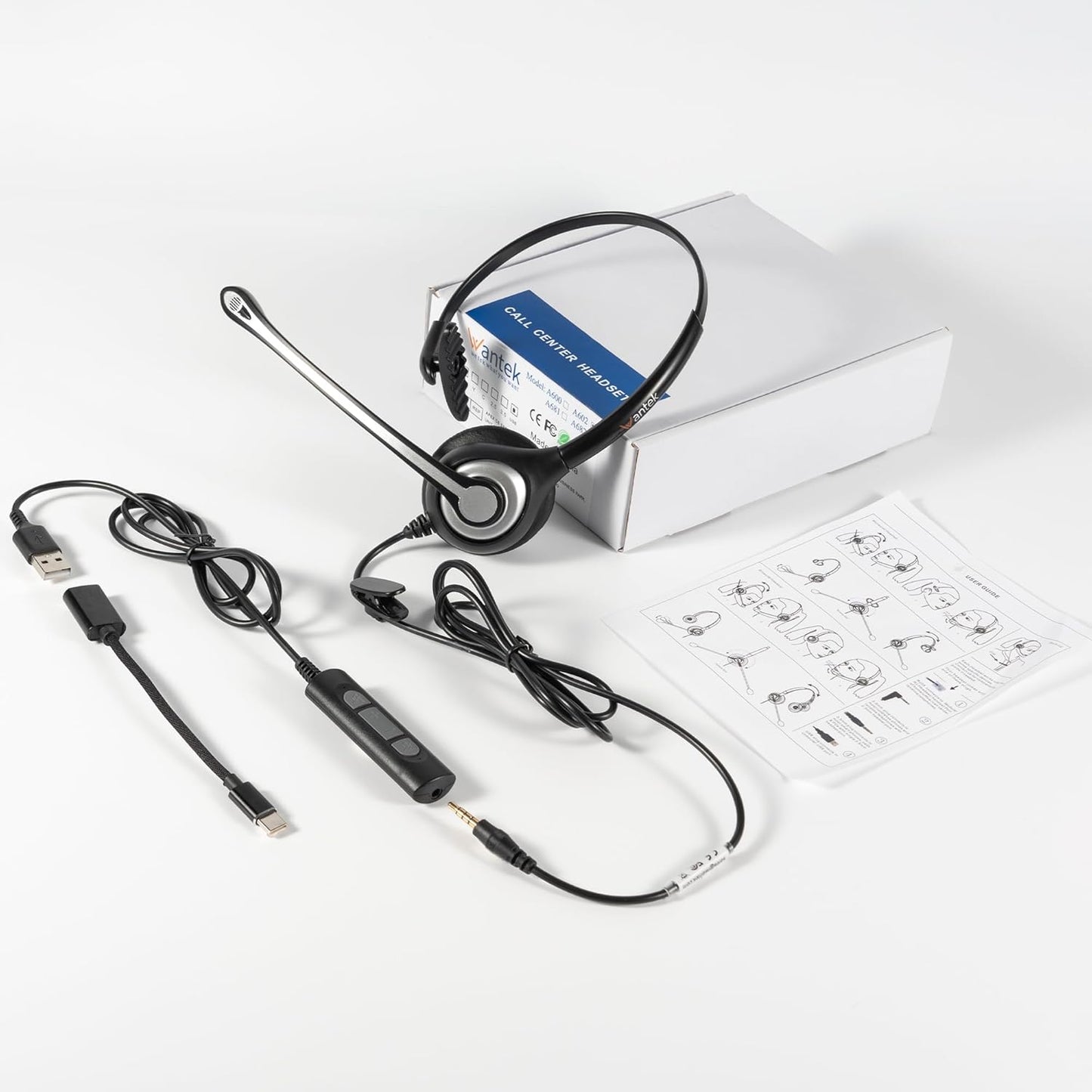 Wantek Computer Headset with Microphone for PC,Laptop,USB Headset with Noise Cancelling & Audio Controls,Computer Headphones for Call Center,Work,Ofiice,Mono