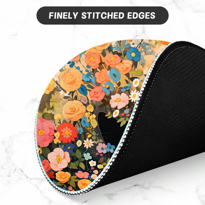 ITNRSIIET Round Mouse Pad with Stitched Edge Premium-Textured Waterproof Non-Slip Rubber Base Desktop Protection Mat Diameter 8.7 inches, Flower Cat