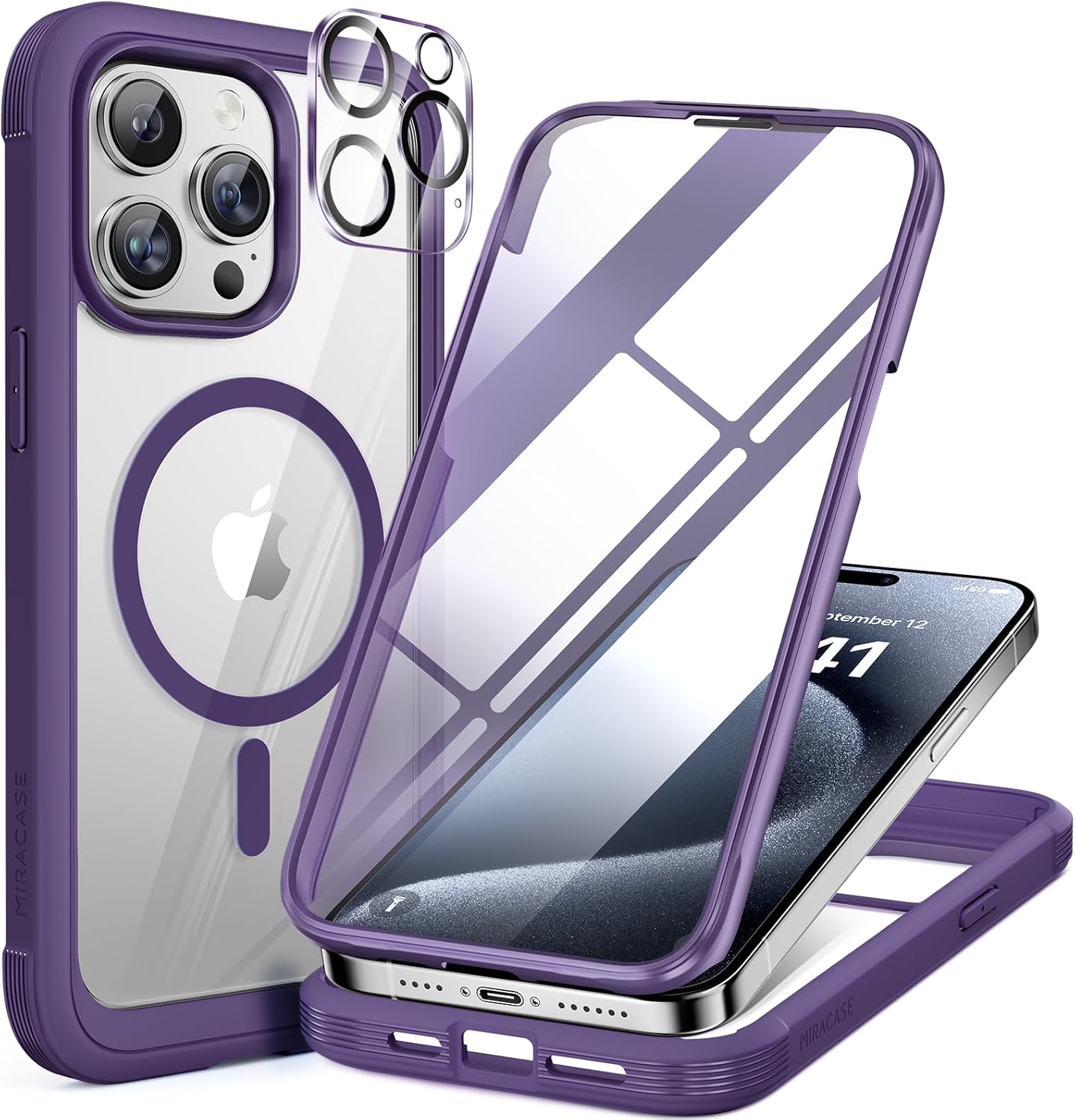 Miracase Magnetic for iPhone 12 Pro Max Case [Compatible with MagSafe] Full-Body Phone case with Built-in Glass Screen Protector& Camera Protector, Military Drop Proof 12 Pro Max Cover, Purple