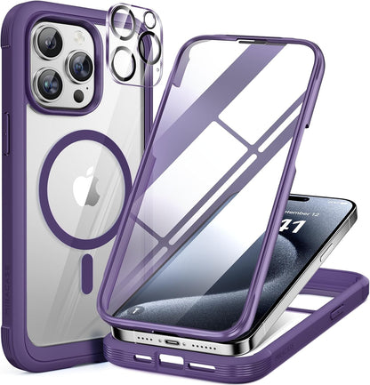 Miracase Magnetic for iPhone 12 Pro Max Case [Compatible with MagSafe] Full-Body Phone case with Built-in Glass Screen Protector& Camera Protector, Military Drop Proof 12 Pro Max Cover, Purple