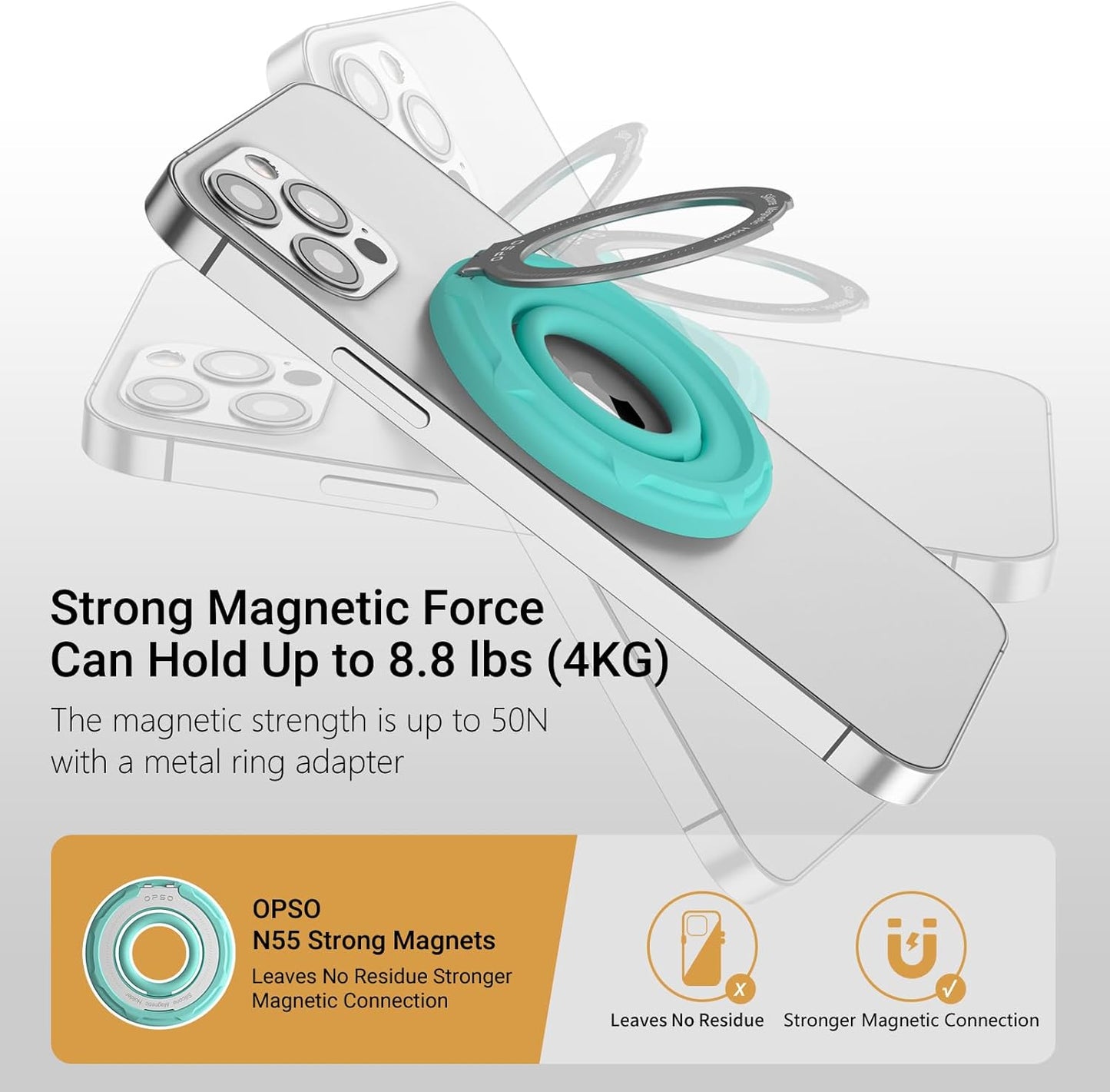 OPSO Magnetic Phone Ring Holder for MagSafe, 360 Degree Rotation Silicone Finger Ring Grip Stand Holder, Adjustable Kickstand, Compatible with iPhone 16 15 14 13 12/Pro/Max, Samsung and All Smartphone
